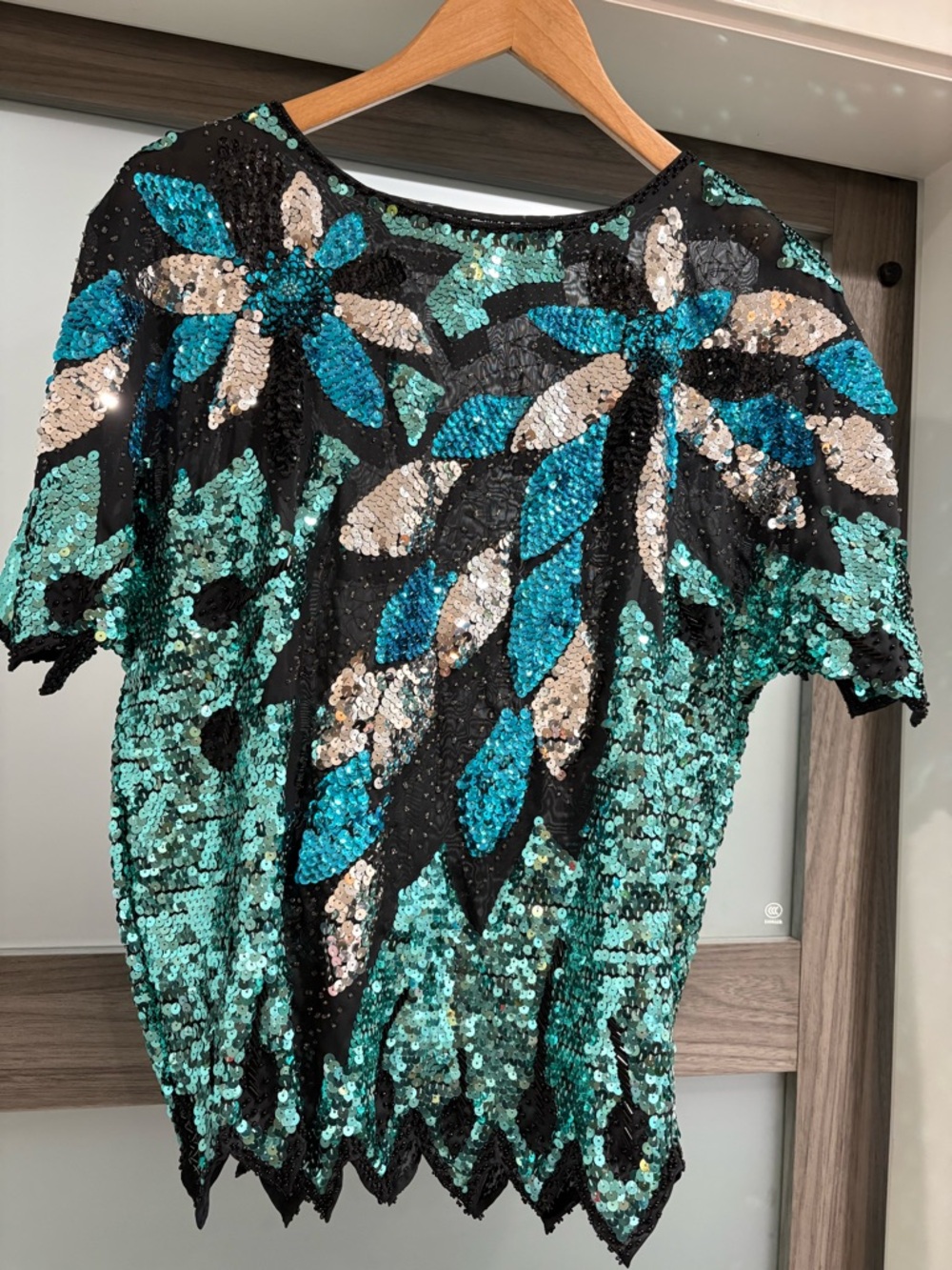 Sequin Floral Short-Sleeve Blouse in Black and Teal